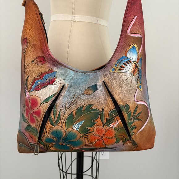 Anuschka Hand Painted Leather Satchel Bag Butterfly Floral Shoulder Bag - Picture 4 of 12